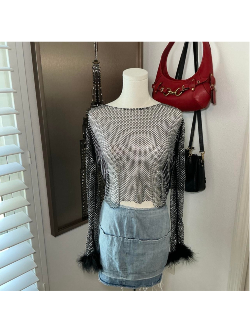 Black Rhinestone Fishnet Mesh Feather Cuff Long Sleeve Top Size Small